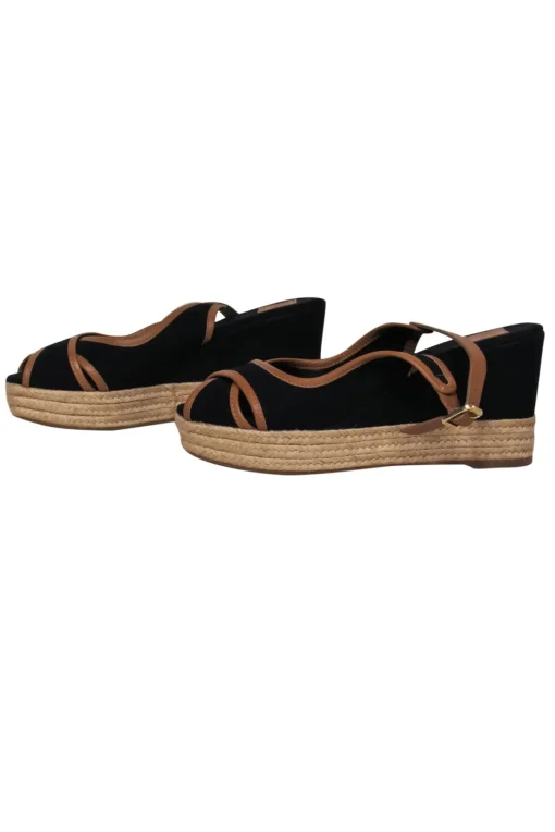 Tory Burch - Black Peep Toe Slingback Espadrilles Wedge w/ Leather Trim Sz 9