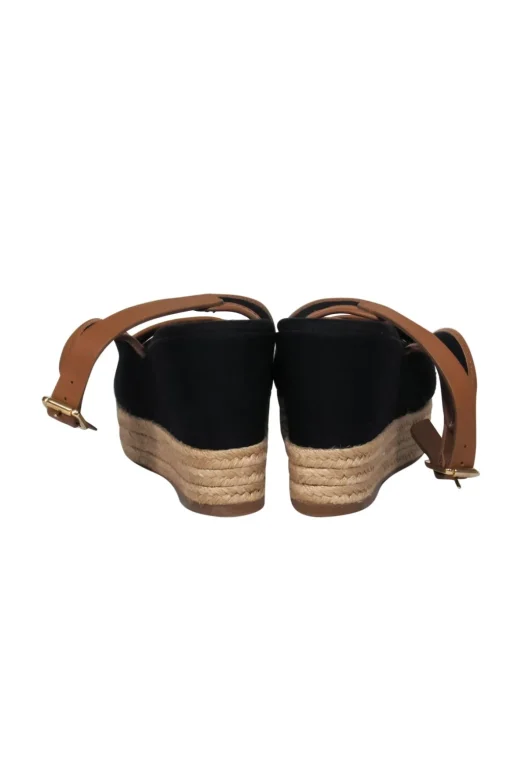 Tory Burch - Black Peep Toe Slingback Espadrilles Wedge w/ Leather Trim Sz 9