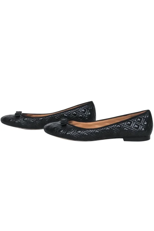 Tory Burch - Black Quilted Leather Ballet Flats w/ Bow Sz 9.5
