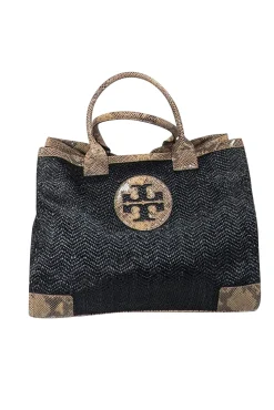 Tory Burch - Black Raffia Tote w/ Beige Snakeskin Embossed Leather Trim