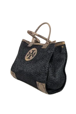 Tory Burch - Black Raffia Tote w/ Beige Snakeskin Embossed Leather Trim