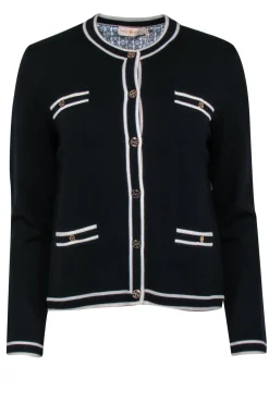 Tory Burch - Black w/ White Trimmed Merino Wool Long Sleeve Cardigan w/ Gold-Toned Logo Buttons Sz M