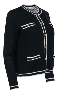Tory Burch - Black w/ White Trimmed Merino Wool Long Sleeve Cardigan w/ Gold-Toned Logo Buttons Sz M