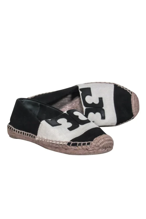 Tory Burch - Black Woven Textile Espadrille Logo Flats Sz 5.5