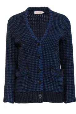 Tory Burch - Blue & Black Waffle Knit Merino Wool Cardigan Sz S
