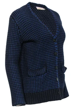 Tory Burch - Blue & Black Waffle Knit Merino Wool Cardigan Sz S