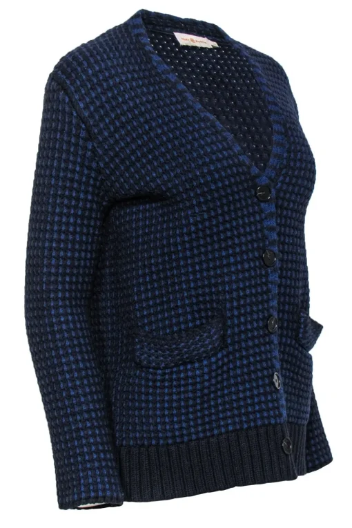 Tory Burch - Blue & Black Waffle Knit Merino Wool Cardigan Sz S