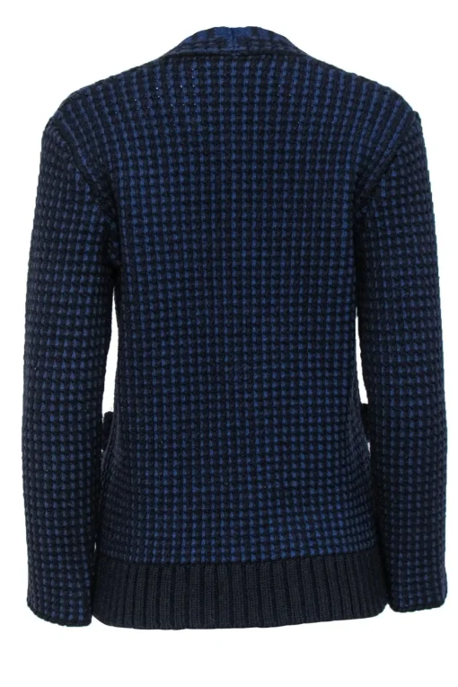Tory Burch - Blue & Black Waffle Knit Merino Wool Cardigan Sz S