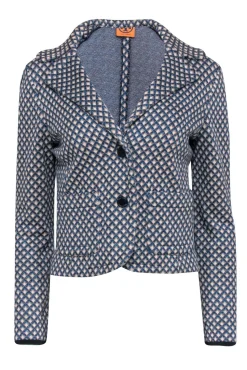 Tory Burch - Blue Metallic and Beige Diamond Print Knit Blazer Sz S