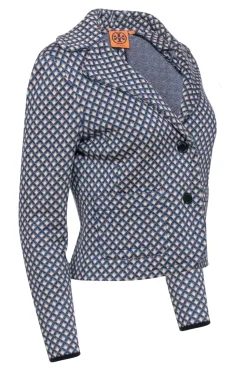 Tory Burch - Blue Metallic and Beige Diamond Print Knit Blazer Sz S