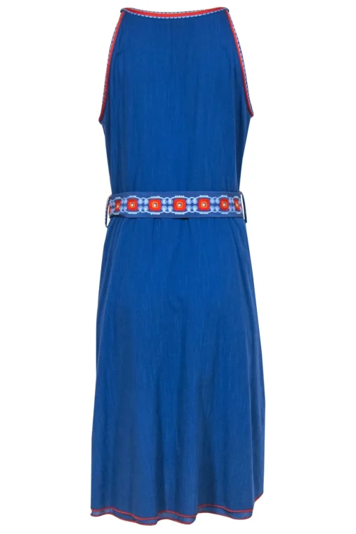 Tory Burch - Blue Sleeveless Belted Midi Dress w/ Embroidered Trim Sz 10