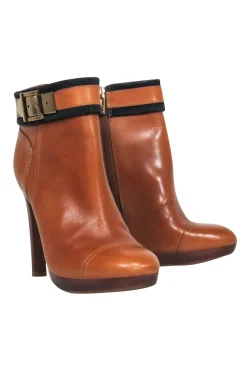 Tory Burch - Brown Leather Booties w/ Gold Buckle Sz 8