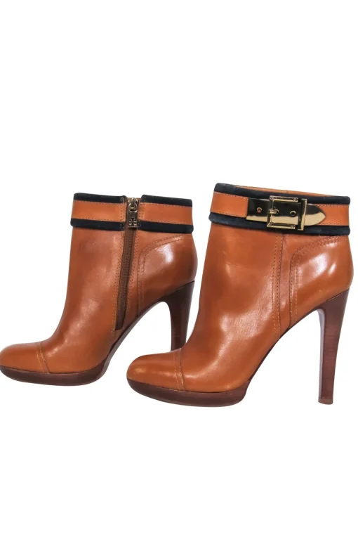Tory Burch - Brown Leather Booties w/ Gold Buckle Sz 8