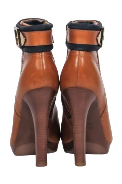 Tory Burch - Brown Leather Booties w/ Gold Buckle Sz 8