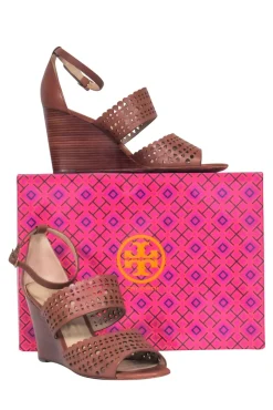Tory Burch - Brown Perforated "Nutria" Ankle Wrap Wedge Sandal Sz 9