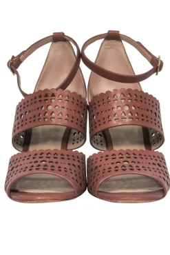 Tory Burch - Brown Perforated "Nutria" Ankle Wrap Wedge Sandal Sz 9