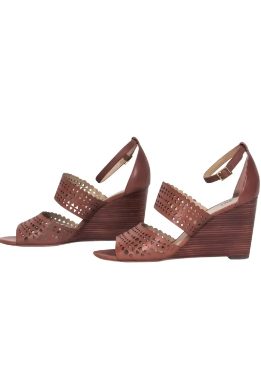 Tory Burch - Brown Perforated "Nutria" Ankle Wrap Wedge Sandal Sz 9