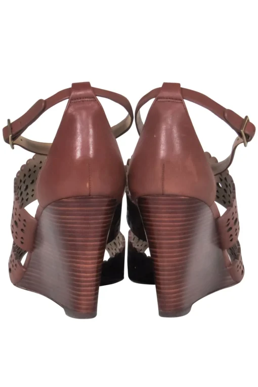 Tory Burch - Brown Perforated "Nutria" Ankle Wrap Wedge Sandal Sz 9