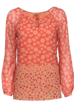 Tory Burch - Coral & Red Floral Print Silk Blouse Sz 2