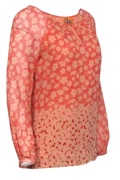 Tory Burch - Coral & Red Floral Print Silk Blouse Sz 2