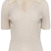 Tory Burch - Cream Ribbed Knit Boucle Polo Shirt Sz L