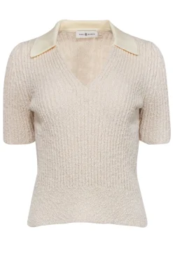 Tory Burch - Cream Ribbed Knit Boucle Polo Shirt Sz L