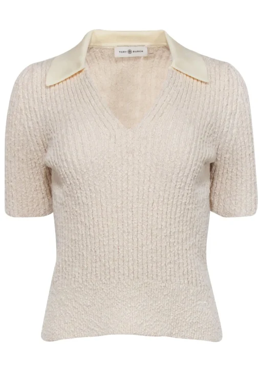 Tory Burch - Cream Ribbed Knit Boucle Polo Shirt Sz L