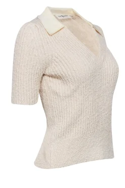 Tory Burch - Cream Ribbed Knit Boucle Polo Shirt Sz L