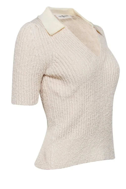 Tory Burch - Cream Ribbed Knit Boucle Polo Shirt Sz L