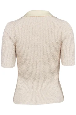 Tory Burch - Cream Ribbed Knit Boucle Polo Shirt Sz L