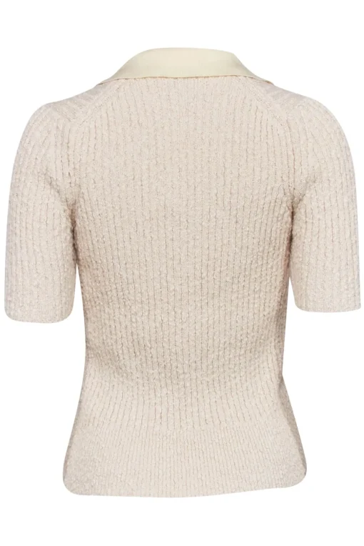 Tory Burch - Cream Ribbed Knit Boucle Polo Shirt Sz L