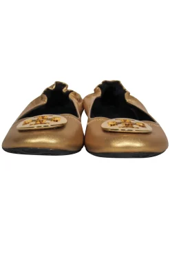 Tory Burch - Gold Leather "Reva" Ballet Flats w/ Gold-Toned Logo Sz 10.5