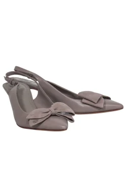 Tory Burch - Grey Leather Pointed Toe Slingback Kitten Heel w/ Suede Bow Sz 8