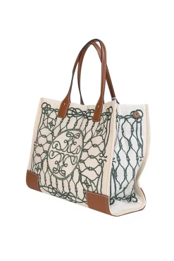 Tory Burch - Ivory & Green Rope Print Tote