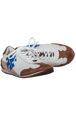 Tory Burch - Ivory, Brown & Beige Leather & Suede “Tory” Sneakers w/ Blue Logo Sz 8