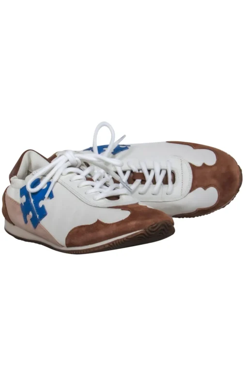 Tory Burch - Ivory, Brown & Beige Leather & Suede “Tory” Sneakers w/ Blue Logo Sz 8
