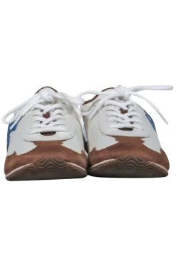 Tory Burch - Ivory, Brown & Beige Leather & Suede “Tory” Sneakers w/ Blue Logo Sz 8