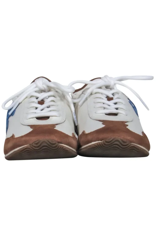 Tory Burch - Ivory, Brown & Beige Leather & Suede “Tory” Sneakers w/ Blue Logo Sz 8