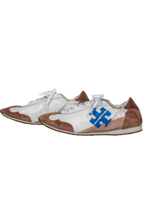 Tory Burch - Ivory, Brown & Beige Leather & Suede “Tory” Sneakers w/ Blue Logo Sz 8