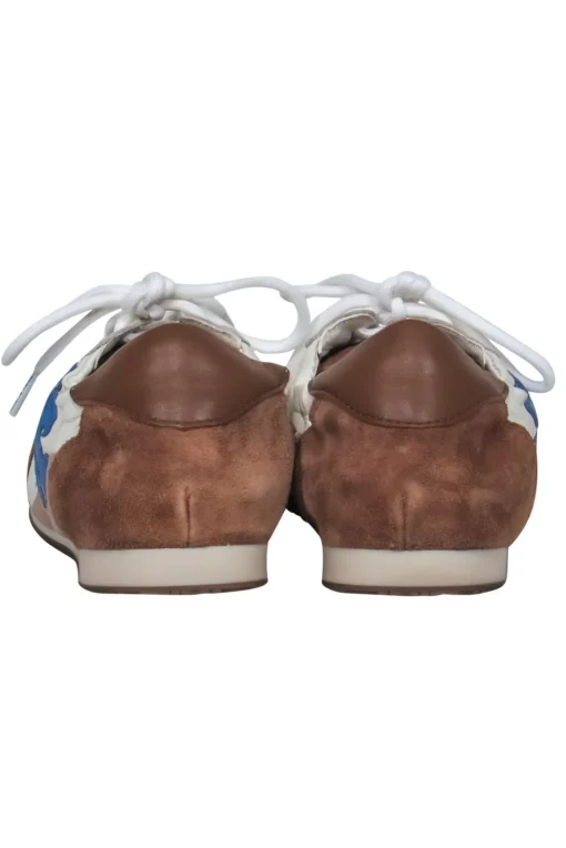 Tory Burch - Ivory, Brown & Beige Leather & Suede “Tory” Sneakers w/ Blue Logo Sz 8
