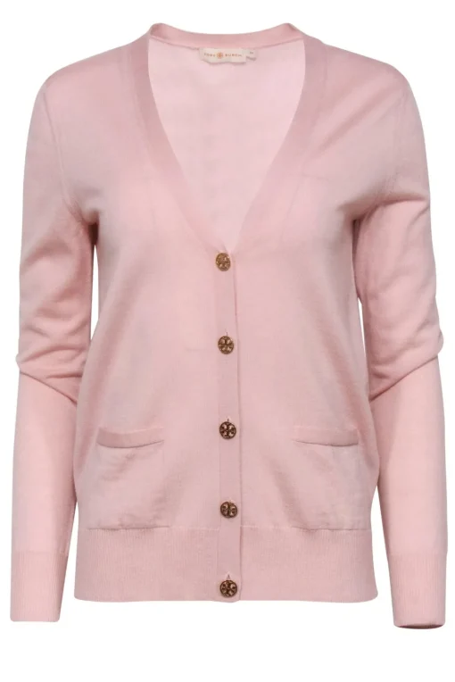 Tory Burch - Light Pink Button-Up Merino Wool Cardigan w/ Logo Buttons Sz S