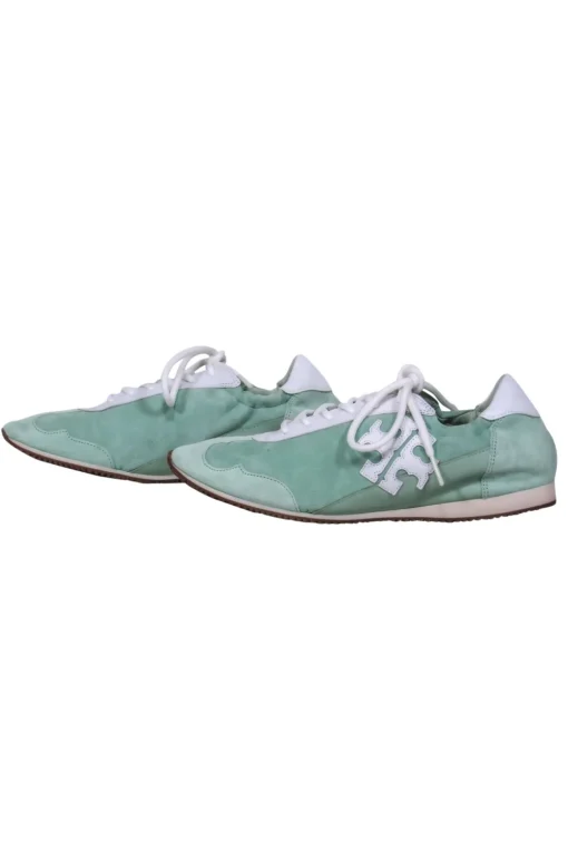 Tory Burch - Mint Suede & Leather “Tory” Sneakers w/ White Leather Trim & Logo Sz 8.5