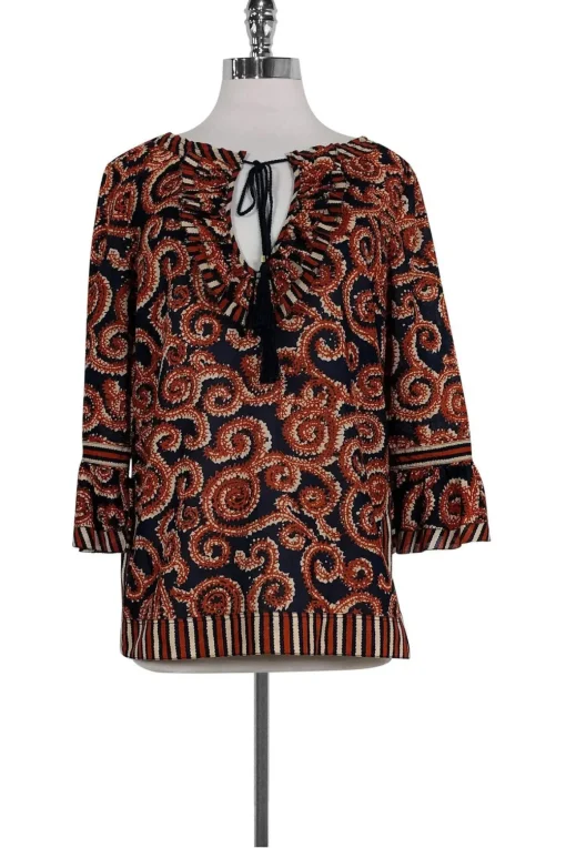 Tory Burch - Navy & Rust Orange Print Top Sz 8