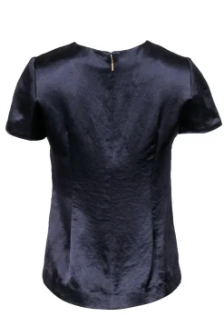 Tory Burch - Navy Satin Short Sleeve Blouse w/ Beading & Appliques Sz 2