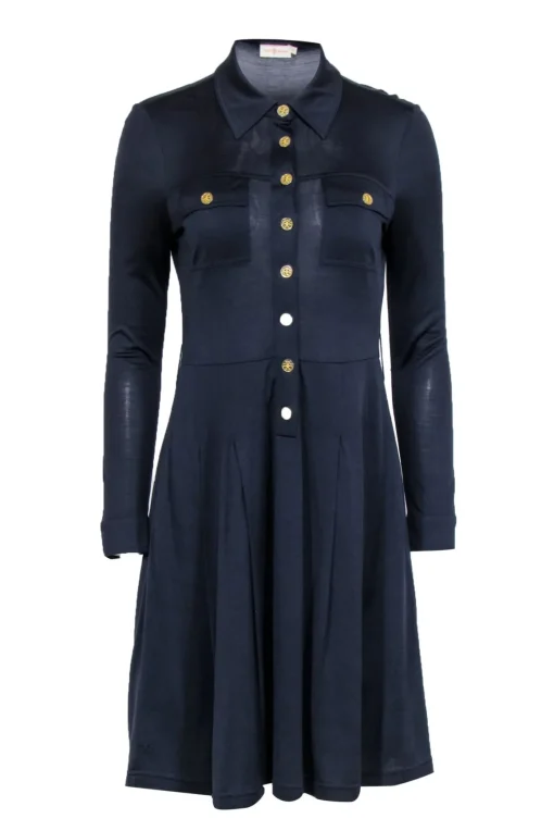 Tory Burch - Navy Silk Pleated Shirt Dress Sz S