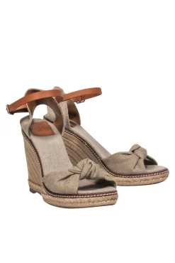 Tory Burch - Oatmeal & Tan Leather Open Toe Espadrille Wedges w/ Bow Sz 9