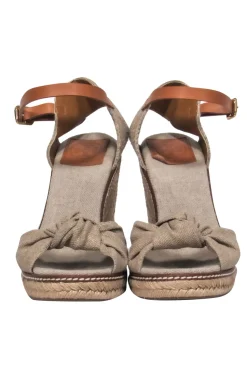 Tory Burch - Oatmeal & Tan Leather Open Toe Espadrille Wedges w/ Bow Sz 9