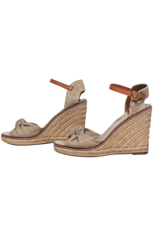 Tory Burch - Oatmeal & Tan Leather Open Toe Espadrille Wedges w/ Bow Sz 9