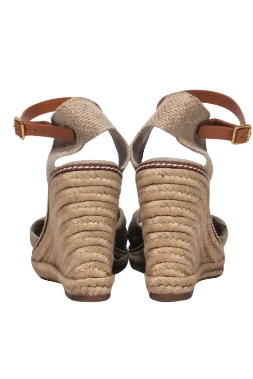 Tory Burch - Oatmeal & Tan Leather Open Toe Espadrille Wedges w/ Bow Sz 9