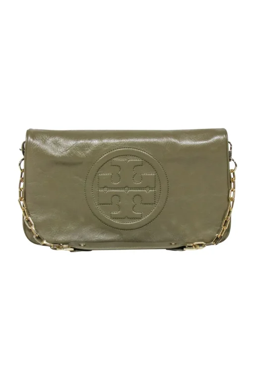 Tory Burch - Olive Green Fold-Over Leather "Reva" Clutch